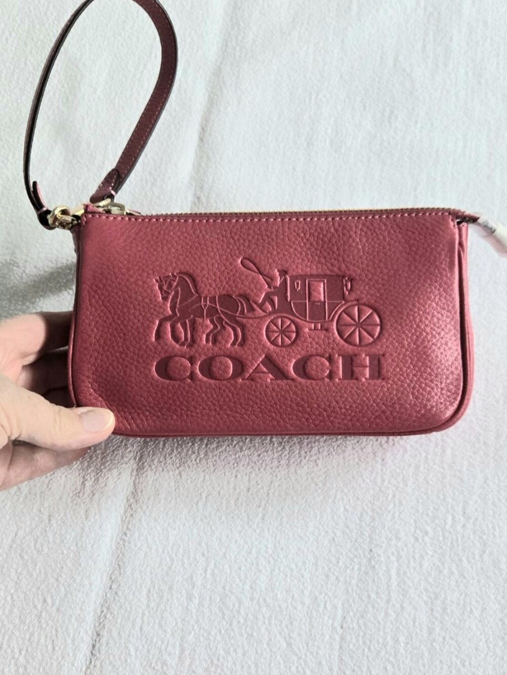 NWT Coach Horse & Carriage Strawberry Haze Leather Wristlet/Mini Bag